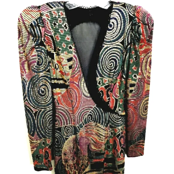 Vintage Cache Metalic Asymmetrical Illusion Plunge Neck Metalic Beaded Maxidress - Picture 3 of 16